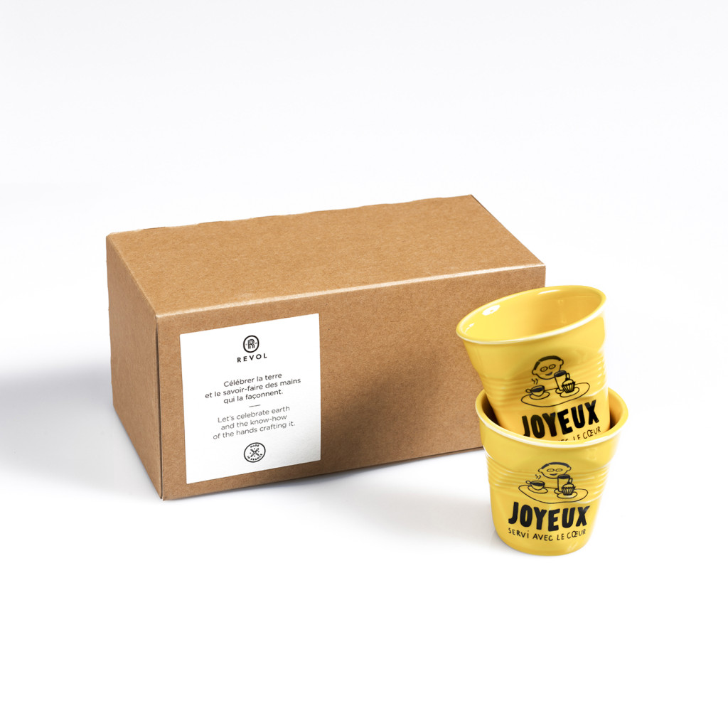 Café joyeux - Set van 2 gele Revol Café joyeux cups - De verpakking