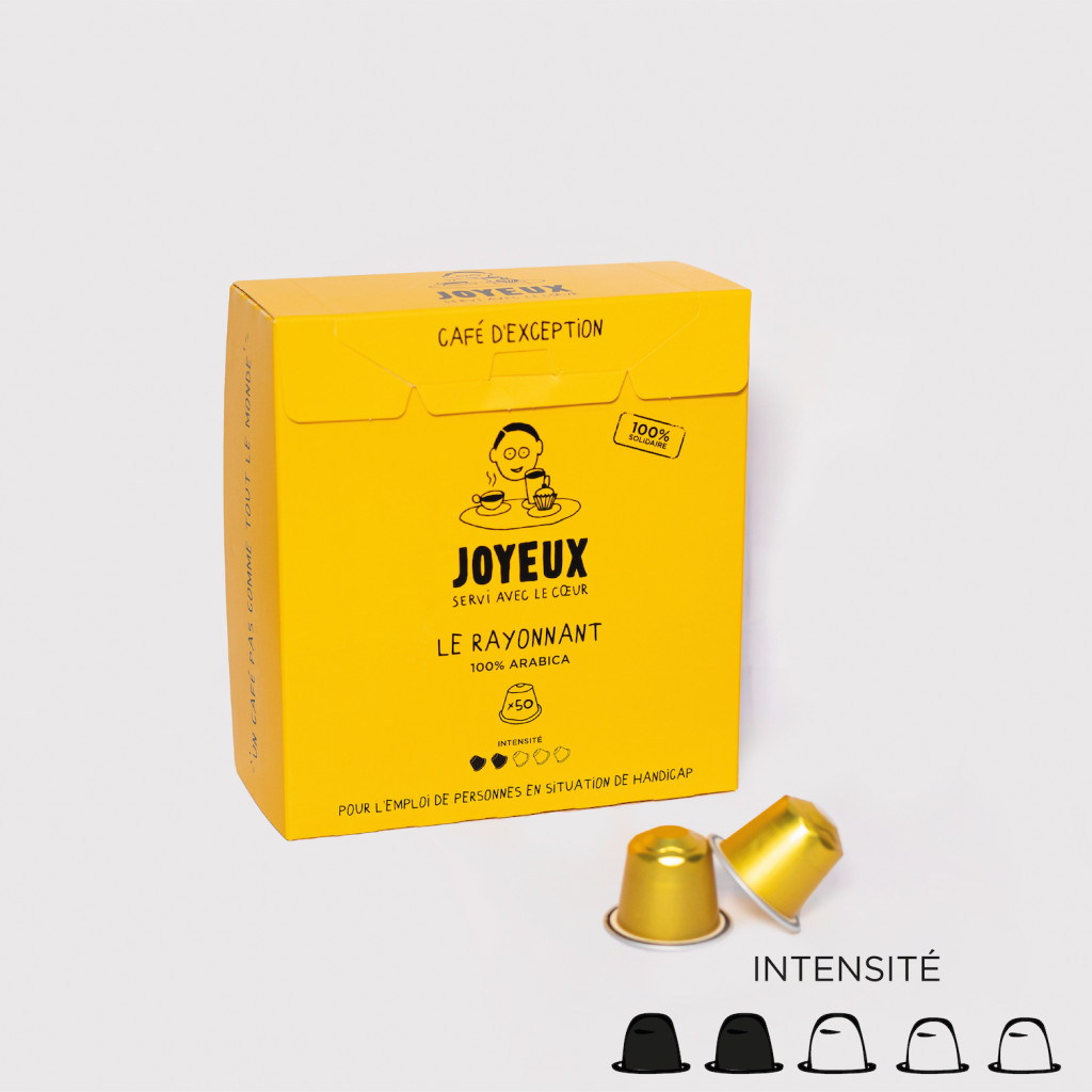 Coffee in capsules x50 le Rayonnant: front packaging - Café Joyeux